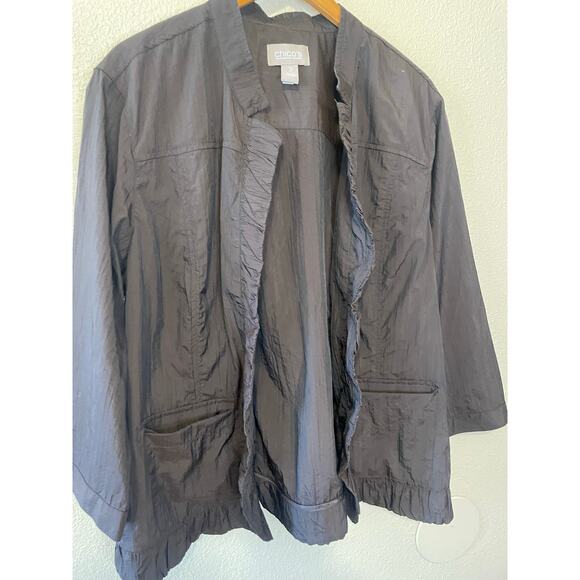 Chico’s Brown Nylon Textured Open Front Ruffle Grandmacore Jacket Size 3 (XL) - Picture 5 of 12